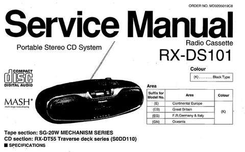 NATIONAL RX-DS101 PORTABLE STEREO CD SYSTEM SERVICE MANUAL INC SCHEM DIAG PCB'S BLK DIAGS WIRING CONN DIAG TRSHOOT GUIDE AND PARTS LIST 26 PAGES ENG