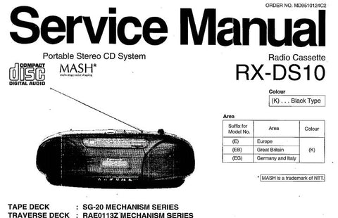 NATIONAL RX-DS10 PORTABLE STEREO CD SYSTEM SERVICE MANUAL INC SCHEM DIAGS PCB'S WIRING CONN DIAG TRSHOOT GUIDE AND PARTS LIST 36 PAGES ENG