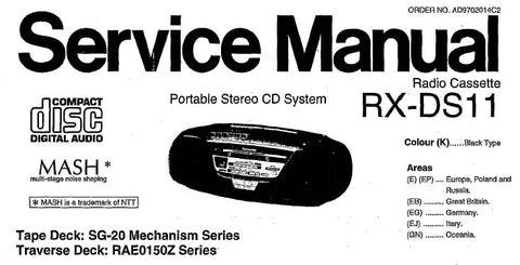 NATIONAL RX-DS11 PORTABLE STEREO CD SYSTEM SERVICE MANUAL INC SCHEM DIAGS PCB'S WIRING CONN DIAG BLK DIAGS TRSHOOT GUIDE AND PARTS LIST 44 PAGES ENG