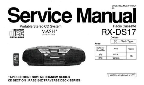 NATIONAL RX-DS17 PORTABLE STEREO CD SYSTEM SERVICE MANUAL INC WIRING CONN DIAG PCB'S SCHEM DIAGS TRSHOOT GUIDE AND PARTS LIST 36 PAGES ENG