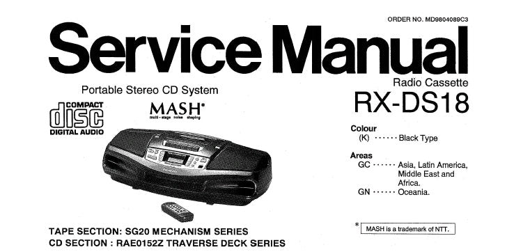 NATIONAL RX-DS18 GC GN PORTABLE STEREO CD SYSTEM SERVICE MANUAL INC SCHEM DIAGS PCB'S WIRING CONN DIAG BLK DIAG TRSHOOT GUIDE AND PARTS LIST 55 PAGES ENG