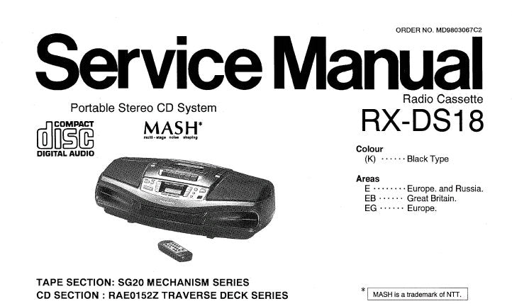 NATIONAL RX-DS18 PORTABLE STEREO CD SYSTEM SERVICE MANUAL INC SCHEM DIAGS PCB'S WIRING CONN DIAG BLK DIAG TRSHOOT GUIDE AND PARTS LIST 54 PAGES ENG