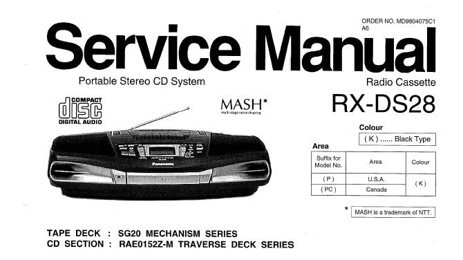 NATIONAL RX-DS28 PORTABLE STEREO CD SYSTEM SERVICE MANUAL INC WIRING CONN DIAG SCHEM DIAGS PCB'S TRSHOOT GUIDE AND PARTS LIST 40 PAGES ENG