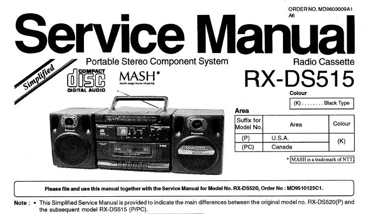 NATIONAL RX-DS515 PORTABLE STEREO COMPONENT SYSTEM SERVICE MANUAL INC PCB'S SCHEM DIAG AND PARTS LIST 8 PAGES ENG