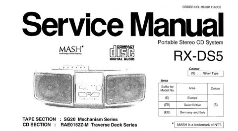 NATIONAL RX-DS5 PORTABLE STEREO CD SYSTEM SERVICE MANUAL INC SCHEM DIAGS PCB'S WIRING CONN DIAG TRSHOOT GUIDE AND PARTS LIST 36 PAGES ENG