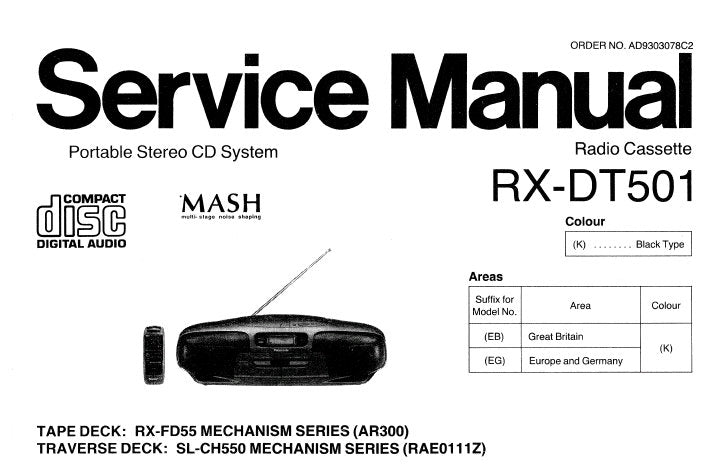 NATIONAL RX-DT501 PORTABLE STEREO RADIO CASSETTE CD SYSTEM SERVICE MANUAL INC SCHEM DIAGS PCBS WIRING CONN DIAG TRSHOOT GUIDE  BLK DIAG AND PARTS LIST 76 PAGES ENG