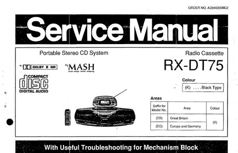 NATIONAL RX-DT75 PORTABLE STEREO RADIO CASSETTE CD SYSTEM SERVICE MANUAL INC SCHEM DIAGS PCBS WIRING CONN DIAG TRSHOOT GUIDES BLK DIAG AND PARTS LIST 76 PAGES ENG
