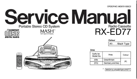NATIONAL RX-ED77 PORTABLE STEREO RADIO CASSETTE CD SYSTEM SERVICE MANUAL INC SCHEM DIAGS WIRING CONN DIAG AND PARTS LIST 34 PAGES ENG