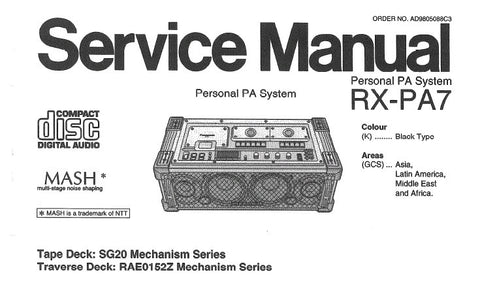 NATIONAL RX-PA7 PERSONAL PA SYSTEM SERVICE MANUAL INC CONN DIAGS SCHEM DIAGS WIRING CONN DIAG PCB'S TRSHOOT GUIDE BLK DIAG AND PARTS LIST 67 PAGES ENG