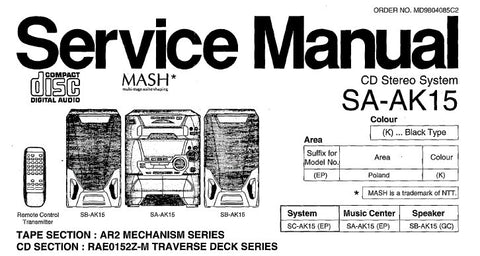 NATIONAL SA-AK15 CD STEREO SYSTEM SERVICE MANUAL INC WIRING CONN DIAG BLK DIAG SCHEM DIAGS PCB'S TRSHOOT GUIDE AND PARTS LIST 68 PAGES ENG