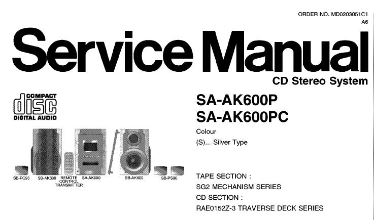 NATIONAL SA-AK600P SA-AK600PC CD STEREO SYSTEM SERVICE MANUAL INC SCHEM DIAGS PCB'S WIRING CONN DIAG TRSHOOT GUIDE AND PARTS LIST 76 PAGES ENG