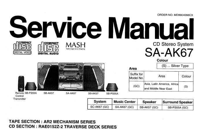 NATIONAL SA-AK67 CD STEREO SYSTEM SERVICE MANUAL INC CONN DIAGS SCHEM DIAGS PCB'S BLK DIAG WIRING CONN DIAG TRSHOOT GUIDES AND PARTS LIST 95 PAGES ENG