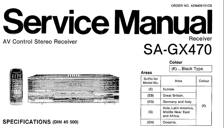 NATIONAL SA-GX470 AV CONTROL STEREO RECEIVER SERVICE MANUAL INC CONN DIAGS BLK DIAG SCHEM DIAGS PCB'S WIRING CONN DIAG AND PARTS LIST 33 PAGES ENG