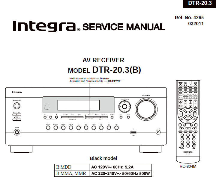 ONKYO DTR-20.3 (B) INTEGRA AV RECEIVER SERVICE MANUAL INC BLK DIAGS PCBS SCHEM DIAGS AND PARTS LIST 151 PAGES ENG