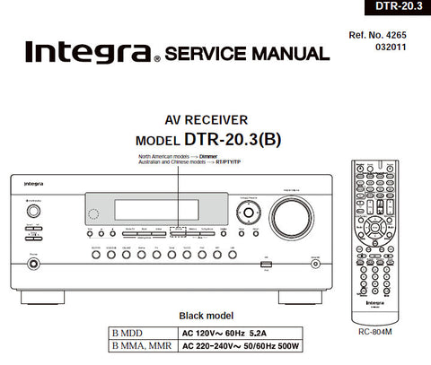 ONKYO DTR-20.3 (B) INTEGRA AV RECEIVER SERVICE MANUAL INC BLK DIAGS PCBS SCHEM DIAGS AND PARTS LIST 151 PAGES ENG