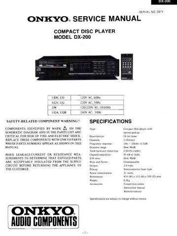 ONKYO DX-200 CD PLAYER SERVICE MANUAL INC PCBS SCHEM DIAG AND PARTS LIST 18 PAGES ENG