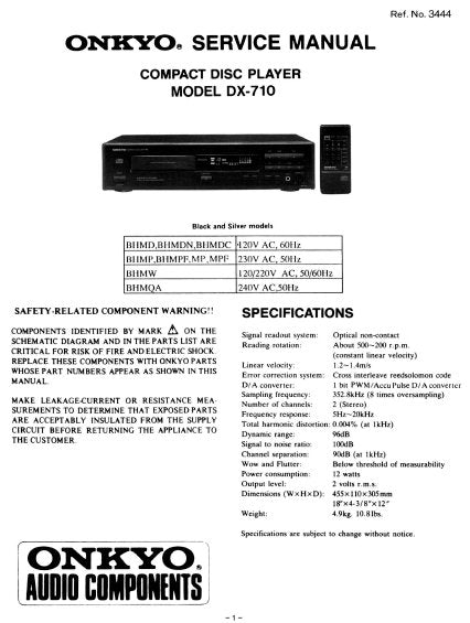 ONKYO DX-710 CD PLAYER SERVICE MANUAL INC BLK DIAG PCBS SCHEM DIAG AND PARTS LIST 26 PAGES ENG