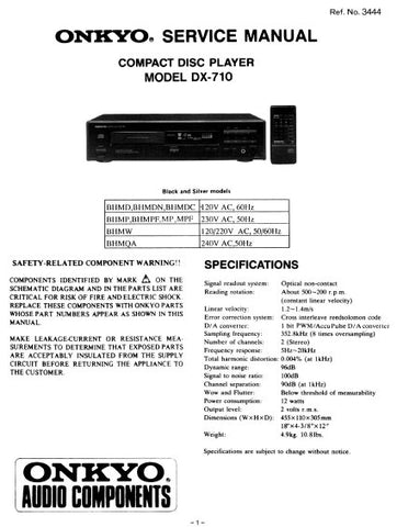 ONKYO DX-710 CD PLAYER SERVICE MANUAL INC BLK DIAG PCBS SCHEM DIAG AND PARTS LIST 26 PAGES ENG