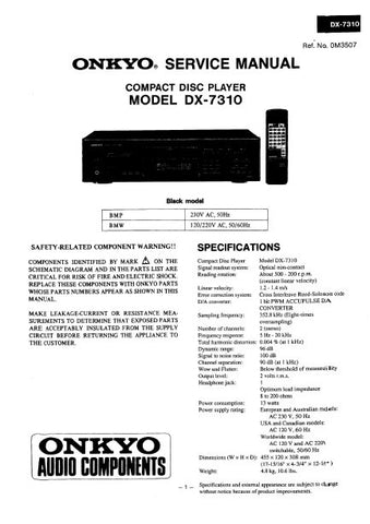 ONKYO DX-7310 CD PLAYER SERVICE MANUAL INC BLK DIAG PCBS SCHEM DIAGS AND PARTS LIST 20 PAGES ENG