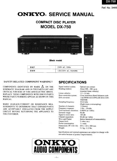 ONKYO DX-750 CD PLAYER SERVICE MANUAL INC BLK DIAG PCBS SCHEM DIAG AND PARTS LIST 26 PAGES ENG