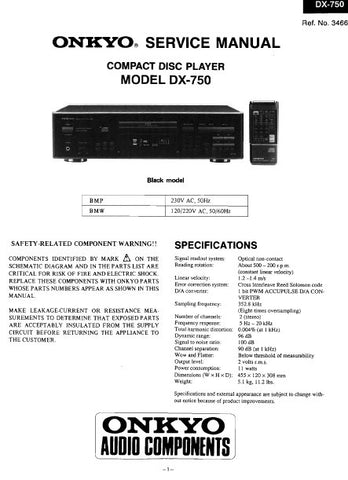 ONKYO DX-750 CD PLAYER SERVICE MANUAL INC BLK DIAG PCBS SCHEM DIAG AND PARTS LIST 26 PAGES ENG