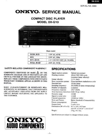 ONKYO DX-G10 CD PLAYER SERVICE MANUAL INC BLK DIAG PCBS SCHEM DIAGS AND PARTS LIST 36 PAGES ENG