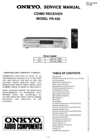 ONKYO FR-435 CD MD RECEIVER SERVICE MANUAL INC BLK DIAG PCBS AND SCHEM DIAGS 42 PAGES ENG