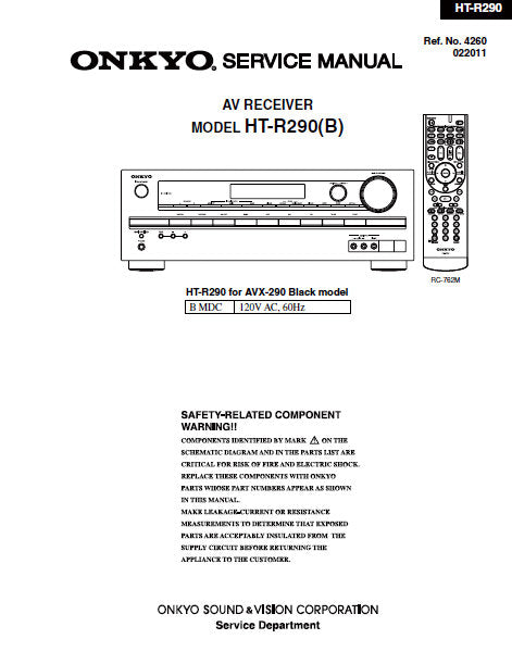 ONKYO HT-R290 (B) AV RECEIVER SERVICE MANUAL INC BLK DIAGS PCBS SCHEM DIAGS AND PARTS LIST 76 PAGES ENG