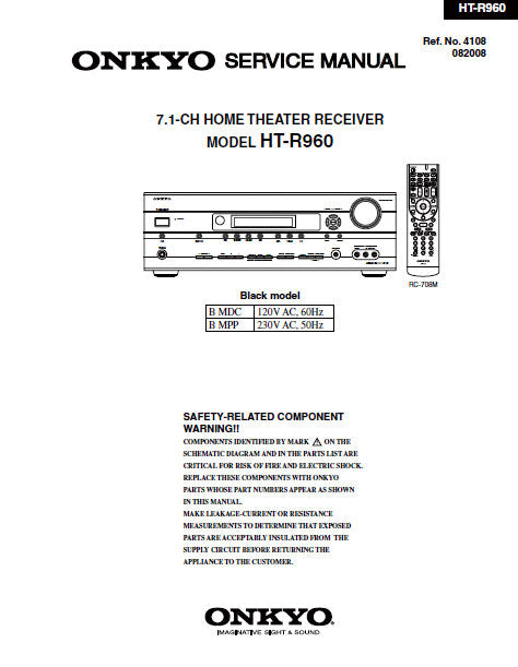 ONKYO HT-R960 7.1 CH HOME THEATER RECEIVER SERVICE MANUAL INC BLK DIAGS PCBS SCHEM DIAGS AND PARTS LIST 191 PAGES ENG