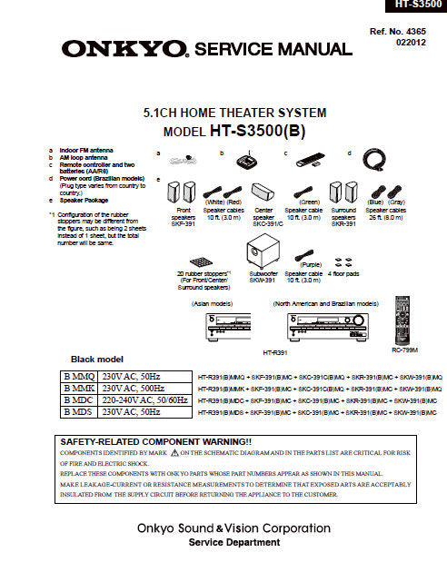 ONKYO HT-S3500 (B) 5.1 CH HOME THEATER SYSTEM SERVICE MANUAL INC BLK DIAGS SCHEM DIAGS AND PARTS LIST 37 PAGES ENG
