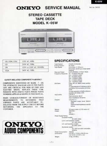 ONKYO K-05 STEREO CASSETTE TAPE DECK SERVICE MANUAL INC BLK DIAG SCHEM DIAGS AND PARTS LIST 16 PAGES ENG