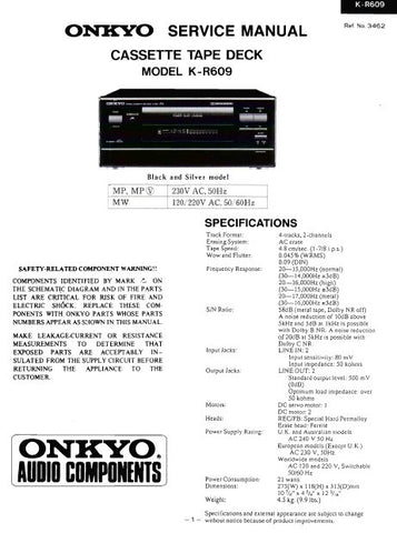 ONKYO K-R609 CASSETTE TAPE DECK SERVICE MANUAL INC BLK DIAG PCBS SCHEM DIAGS AND PARTS LIST 16 PAGES ENG