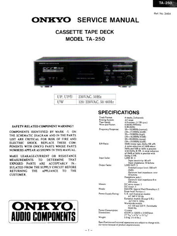 ONKYO TA-250 CASSETTE TAPE DECK SERVICE MANUAL INC BLK DIAG PCBS SCHEM DIAGS AND PARTS LIST 16 PAGES ENG