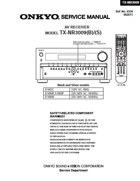 ONKYO TX-NR3009(B) TX-NR3009(S) AV RECEIVER SERVICE MANUAL INC BLK DIAGS SCHEM DIAGS AND PARTS LIST 228 PAGES ENG