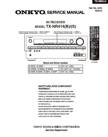 ONKYO TX-NR414(B) TX-NR414(S) AV RECEIVER SERVICE MANUAL INC BLK DIAGS SCHEM DIAGS AND PARTS LIST 99 PAGES ENG