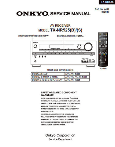 ONKYO TX-NR525(B) TX-NR525(S) AV RECEIVER SERVICE MANUAL INC BLK DIAGS PVB SCHEM DIAGS AND PARTS LIST 50 PAGES ENG