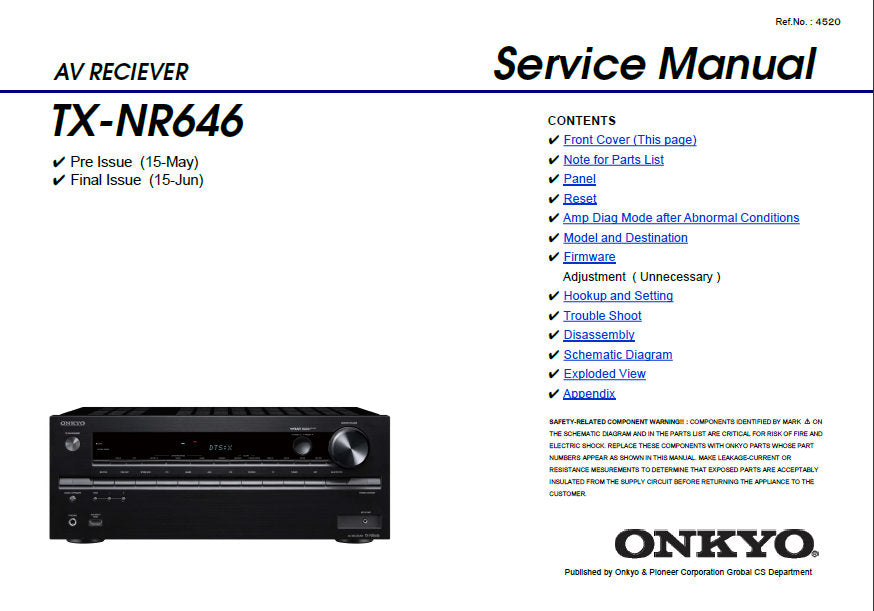 ONKYO TX-NR646 AV RECEIVER SERVICE MANUAL INC BLK DIAGS PCBS SCHEM DIAGS AND PARTS LIST 132 PAGES ENG