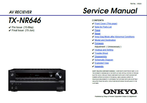 ONKYO TX-NR646 AV RECEIVER SERVICE MANUAL INC BLK DIAGS PCBS SCHEM DIAGS AND PARTS LIST 132 PAGES ENG