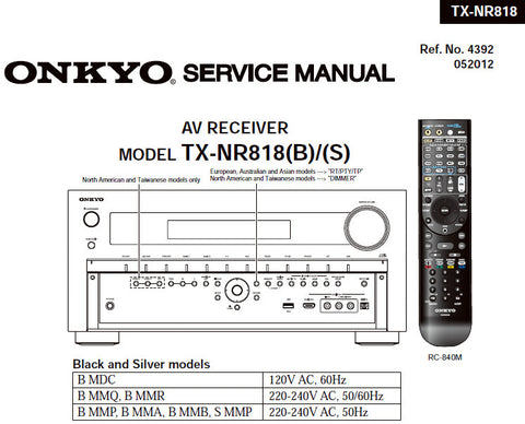 ONKYO TX-NR818 AV RECEIVER SERVICE MANUAL INC SCHEM DIAGS AND PARTS LIST 191 PAGES ENG