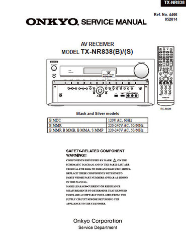 ONKYO TX-NR838(B) TX-NR838(S) AV RECEIVER SERVICE MANUAL INC BLK DIAGS SCHEM DIAGS AND PARTS LIST 116 PAGES ENG