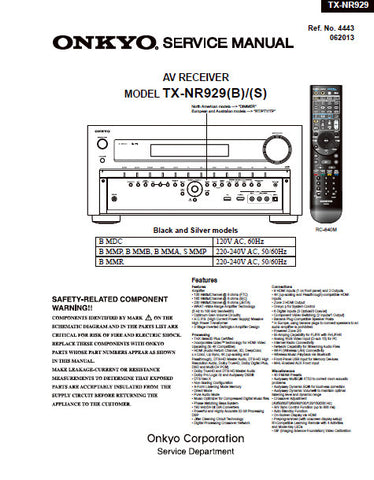 ONKYO TX-NR929(B) TX-NR929(S) AV RECEIVER SERVICE MANUAL INC BLK DIAGS SCHEM DIAGS AND PARTS LIST 142 PAGES ENG