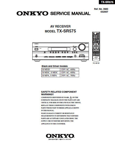 ONKYO TX-SR575 AV RECEIVER SERVICE MANUAL INC BLK DIAGS SCHEM DIAGS AND PARTS LIST 75 PAGES ENG