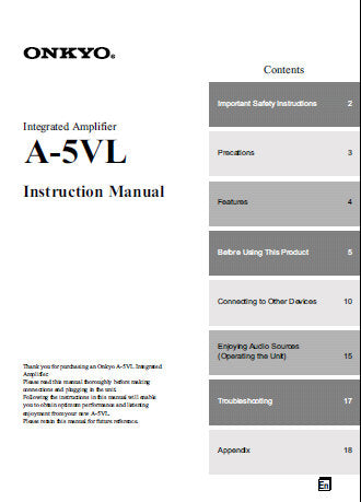 ONKYO A-5VL INTEGRATED STEREO AMPLIFIER INSTRUCTION MANUAL INC CONN DIAGS AND TRSHOOT GUIDE 20 PAGES ENG
