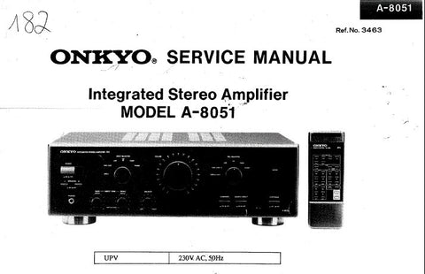 ONKYO A-8051 INTEGRATED STEREO AMPLIFIER SERVICE MANUAL INC BLK DIAG SCHEM DIAG PCB'S AND PARTS LIST 13 PAGES ENG