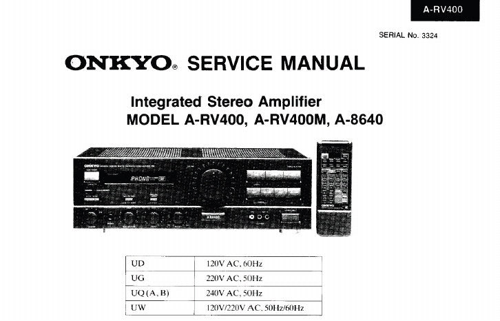 ONKYO A-8640 A-RV400M A-RV400 INTEGRATED STEREO AMPLIFIER SERVICE MANUAL INC CONN DIAG BLK DIAG SCHEM DIAG AND PARTS LIST 17 PAGES ENG