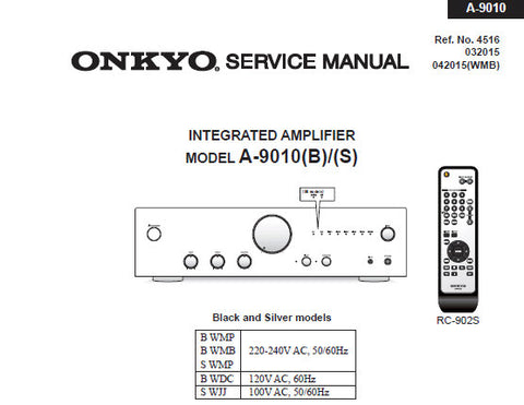 ONKYO A-9010 INTEGRATED STEREO AMPLIFIER SERVICE MANUAL INC SCHEM DIAGS AND PARTS LIST 11 PAGES ENG