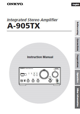ONKYO A-905TX INTEGRATED STEREO AMPLIFIER INSTRUCTION MANUAL INC CONN DIAGS AND TRSHOOT GUIDE 28 PAGES ENG