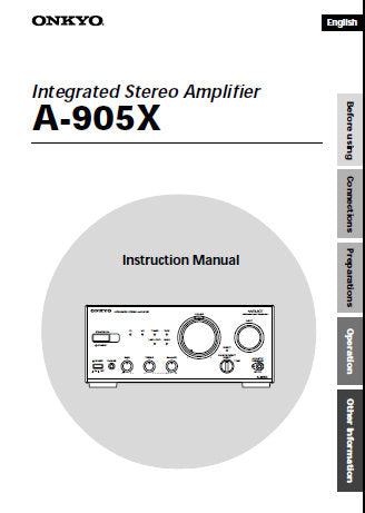 ONKYO A-905X INTEGRATED STEREO AMPLIFIER INSTRUCTION MANUAL INC CONN DIAGS AND TRSHOOT GUIDE 28 PAGES ENG