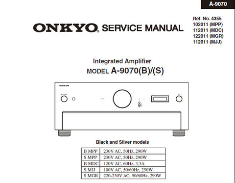 ONKYO A-9070 INTEGRATED STEREO AMPLIFIER SERVICE MANUAL INC SCHEM DIAGS AND PARTS LIST 81 PAGES ENG