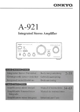 ONKYO A-921 INTEGRIERTER STEREO-VERSTARKER BEDIENUNGSANLEITUNG MIT ANSCHLUSSE UND FEHLERSUCHANLEITUNG 23 SEITE DEUT NL SVENSKA